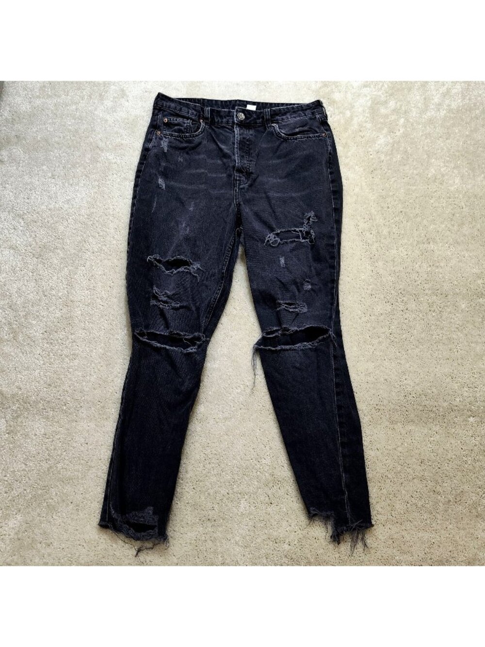 H&M Divided Distressed Mom Jeans US 10 High Rise Snap Fly Tapered Ankle Frayed